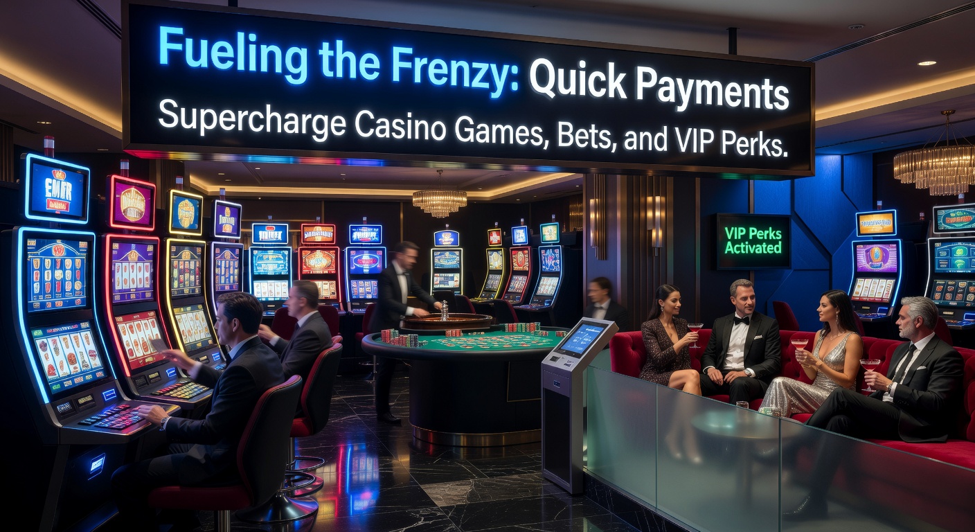 Dynamische Darstellung von blitzschnellen Transaktionen in einem Casino-Umfeld mit Slots, Wettscheinen und VIP-Lounges