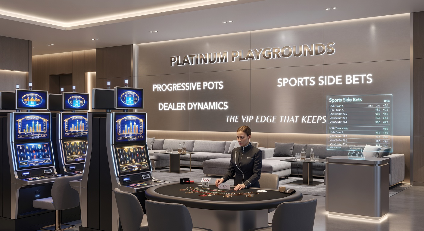 Live-Dealer an einem Blackjack-Tisch in Platinum Playgrounds, umgeben von High-Roller-Spielern und Sportwetten-Optionen