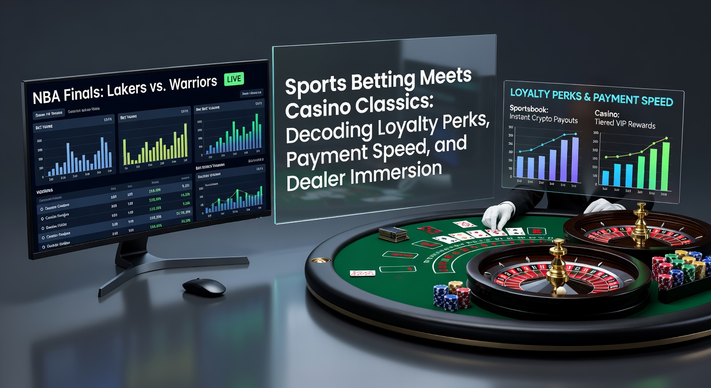 Ein dynamisches Bild, das Sportwetten und Live-Casino-Tische in einer nahtlosen Online-Plattform verbindet, mit Wettscheinen und roulette-drehenden Dealern
